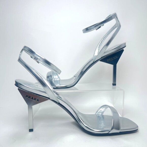 Prada Argento Donna Womens Sandals Metallic Leather Strappy Heels Size 38 US8 - Picture 3 of 16